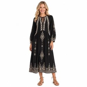 Zara Black Satin Embroidered Midi Dress XL NWT Boho Festival Long Sleeve Flowy